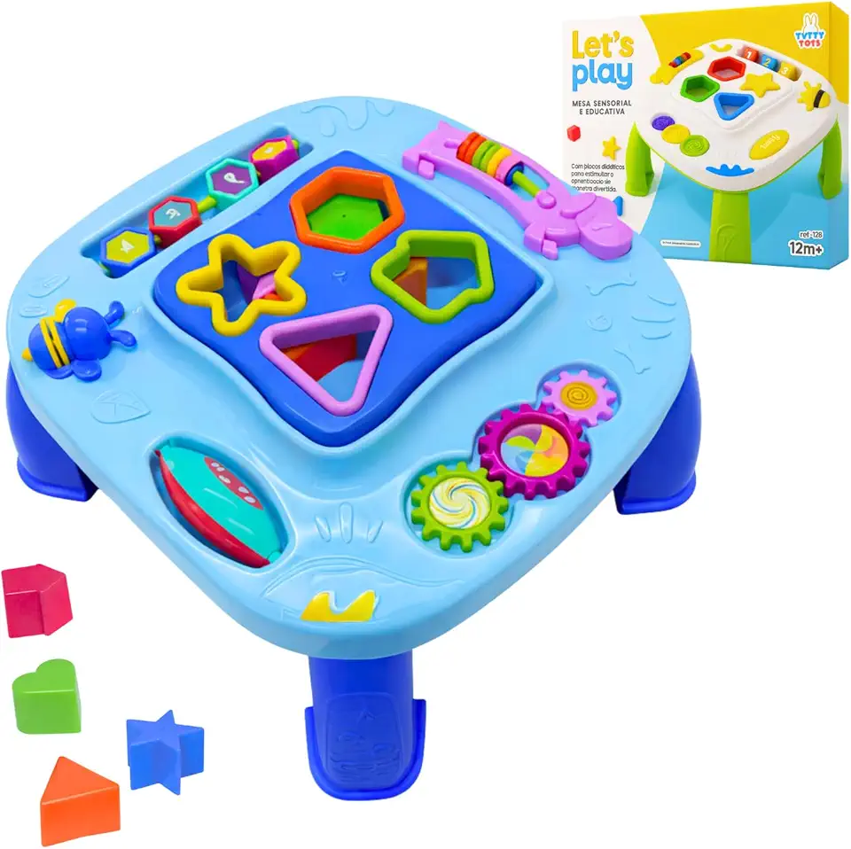 Mesa Mesinha Infantil Didática Divertida Brinquedo Sensorial Atividades Interativas Formas Encaixar (Azul)