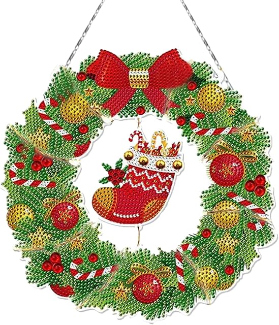 Artown Diamond Painting 5D Kits, Diamond Painting Pictures Christmas Wreath Set with Hanging Chain Diamond Painting Pictures for Wall and Entrance Decoration