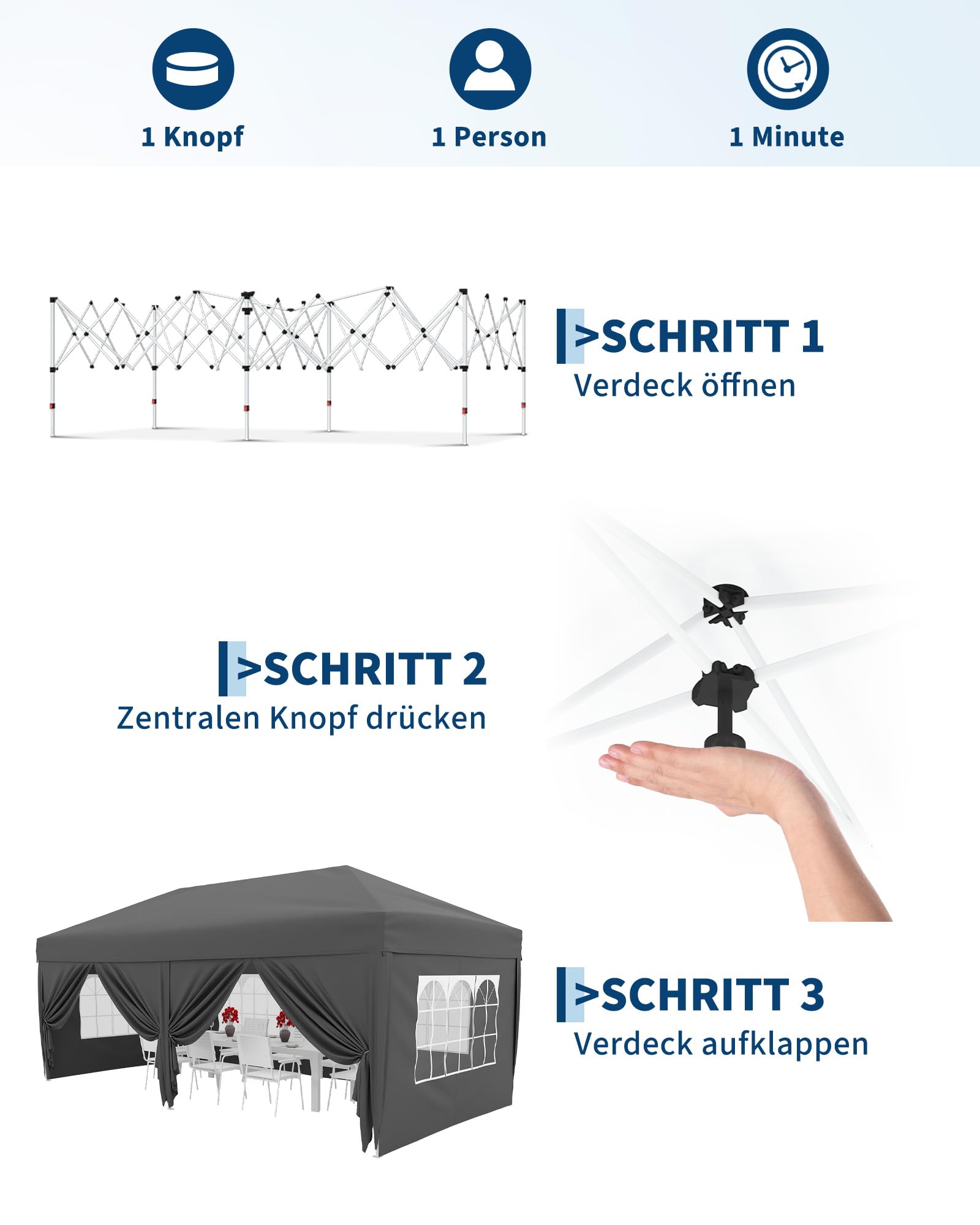 Faltpavillon 3x6 m wasserdicht stabil mit 6 Seitenwänden – Pop up Pavillon faltbar aus 420D Oxford, UV-Schutz 50+, 3-Fach höhenverstellbar, Partyzelt mit Tragetasche für Garten & Outdoor Grau