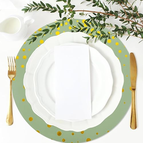 Miniatura 2 de Whaline 50 manteles individuales de papel verde salvia de Navidad de 14 pulgadas desechables de papel dorado con lunares, tapete de papel redondo