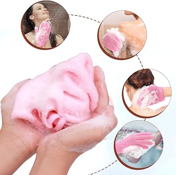 3-Pack Exfoliating Gloves Back Exfoliating Towel Back Washer for Shower Back Scrubber for Shower Skin Washcloth Body Exfoliator Set for Women Men, Pink