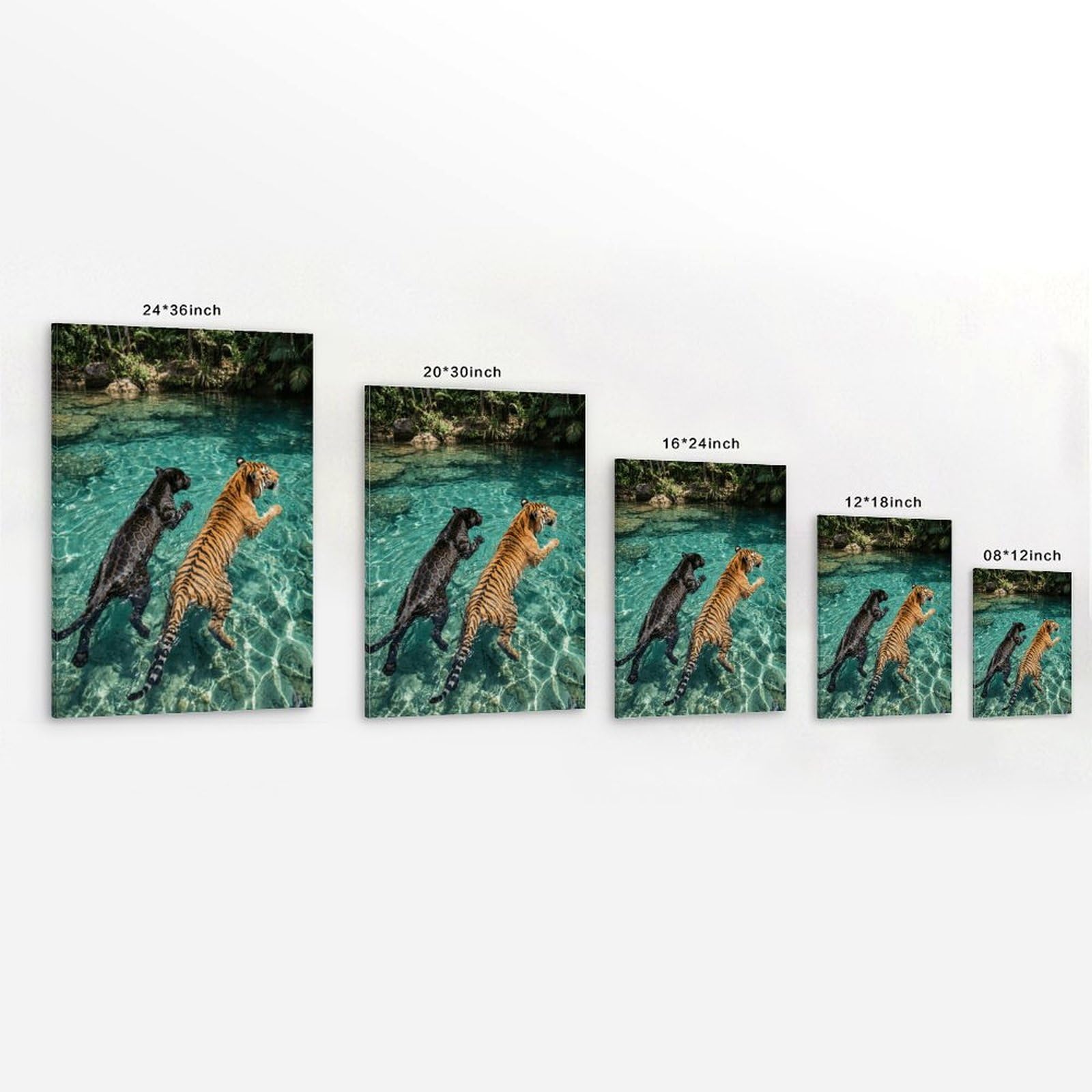 Póster de tigre y blanco nadando en el río de la selva, impresión en lienzo de gatos salvajes, arte de pared tropical para amantes de la naturaleza, 60 x 90 cm