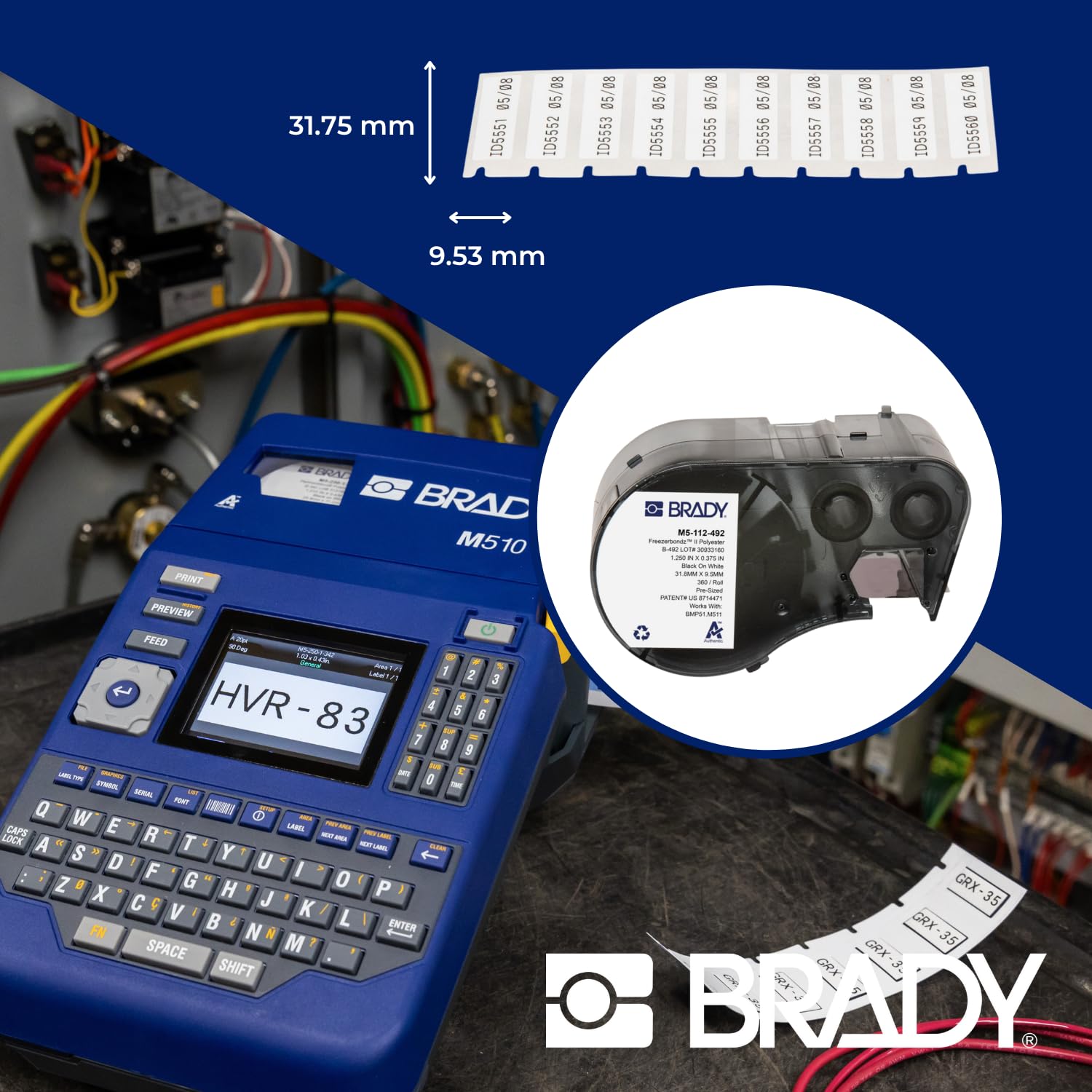 Brady FreezerBondz™ Polyester-Vorgefertigte Etiketten für Etikettendrucker BMP51/BMP53/M511-360 Klebeetiketten - Schwarz auf Weiß (31,75 mm (B) x 9,53 mm (H)) - M5-112-492
