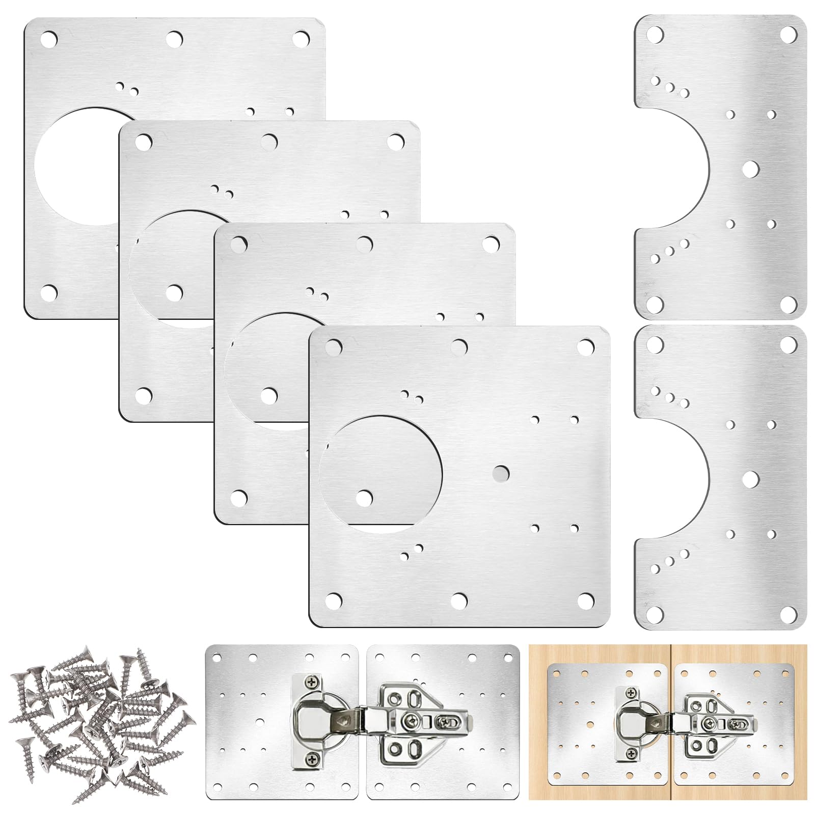 6 Pcs Cabinet Hinge Repair Plate Stainless Steel Cabinet Repairs Kit 2 Sizes Hinge Repair Board with Mounting