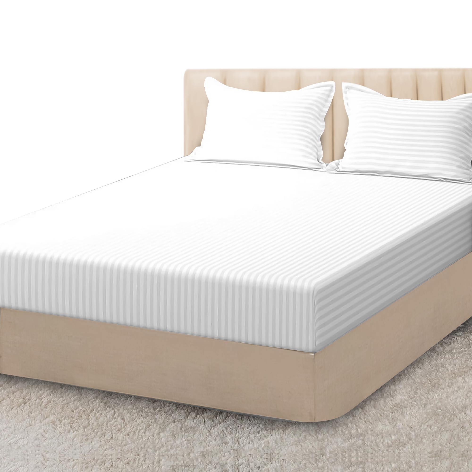Sunshine Comforts Satin stripe Fitted Sheets Breathable, Anti Wrinkle 25cm Deep Pocket Single Bed Sheets White Bedding & Linen- Single Bedding 90 X 190 CM Single Fitted Sheet