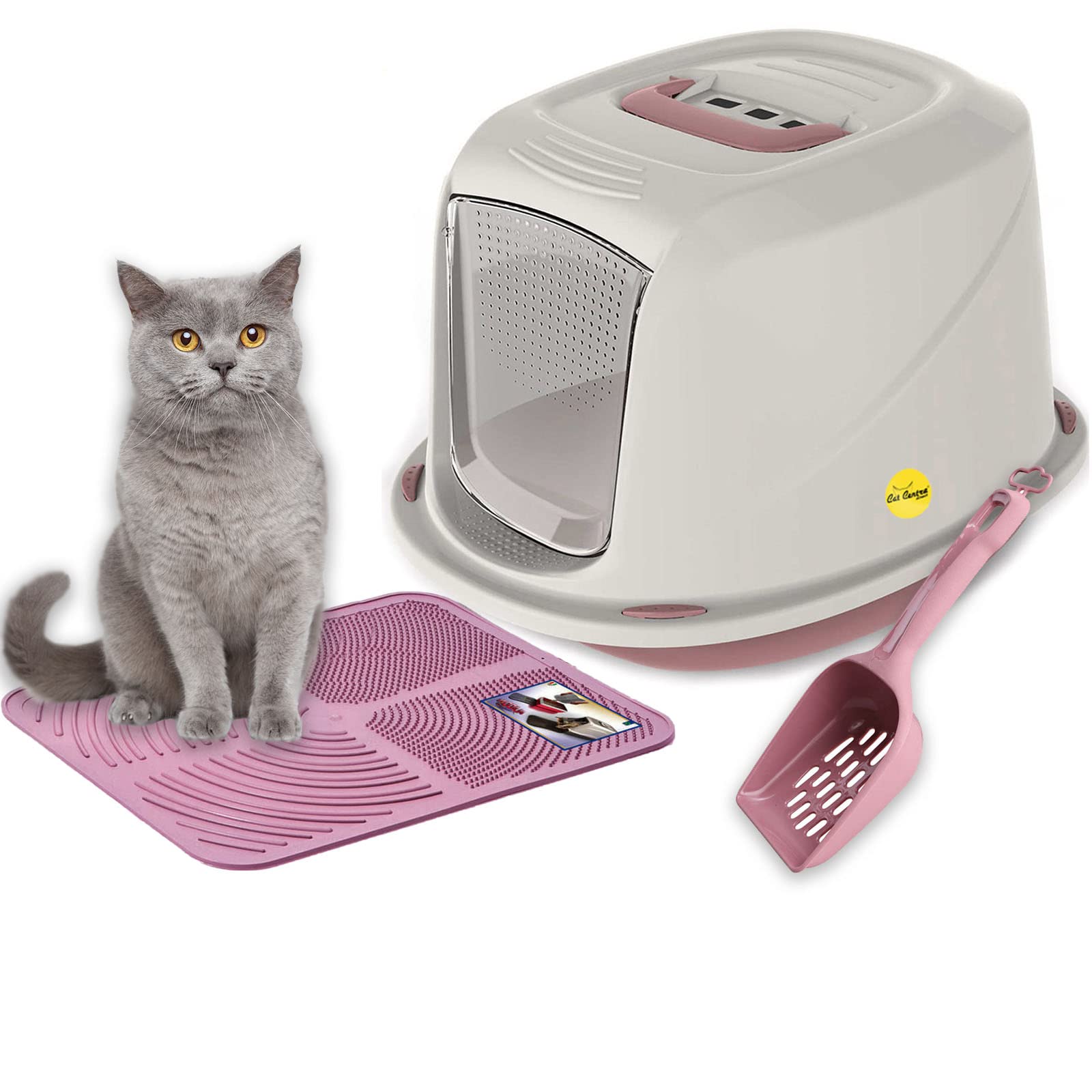 CAT CENTRE Jumbo Pink Hooded Kitten Litter Tray +Waste Scoop +Tray Mat Set Carbon Filter Large Cat Toilet Pet Box Loo Pan Starter Pack Portable Swing Flap Door Carry Handle Galaxy Easy Cleaning