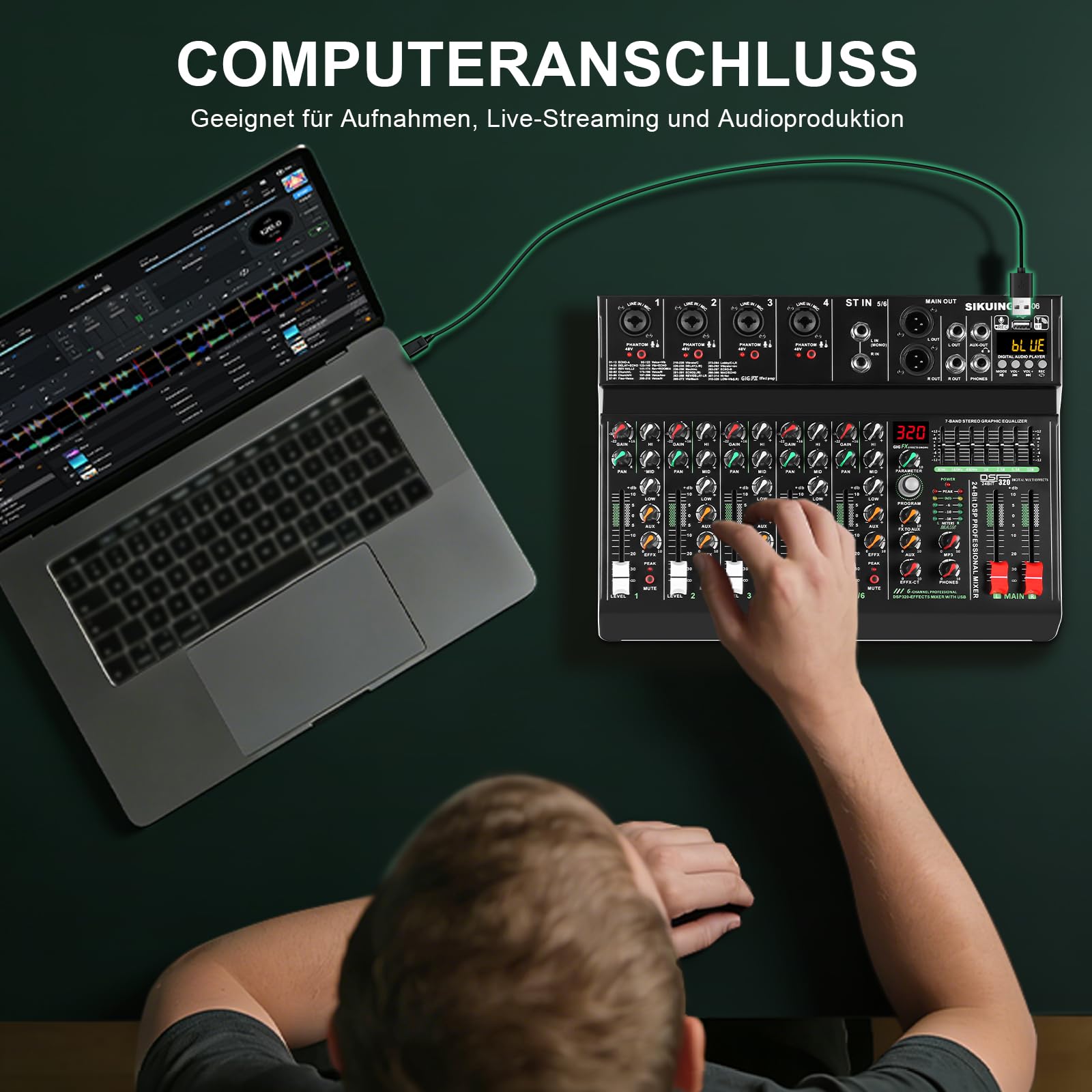 Table de mixage portable 6 canaux, mixeur audio professionnel, 320 effets DSP + égaliseur 7 bandes, carte son Bluetooth + interface USB, idéal pour l'enregistrement sur PC, les effets de studio