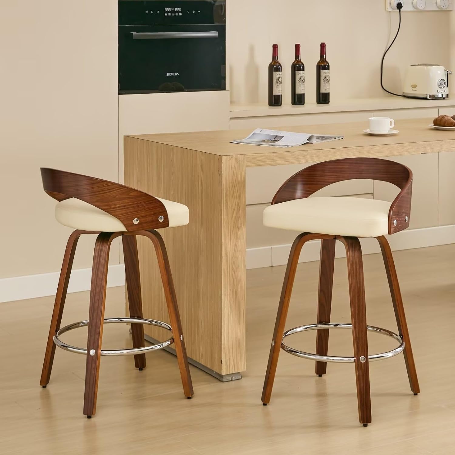 25 Inch Swivel Bar Stool with Low Back Set of 2, Mid-Century Beige PU Leather Upholstered Barstool Walnut Wood Counter Height Stool for Kitchen Island Counter Dining Room Small Space