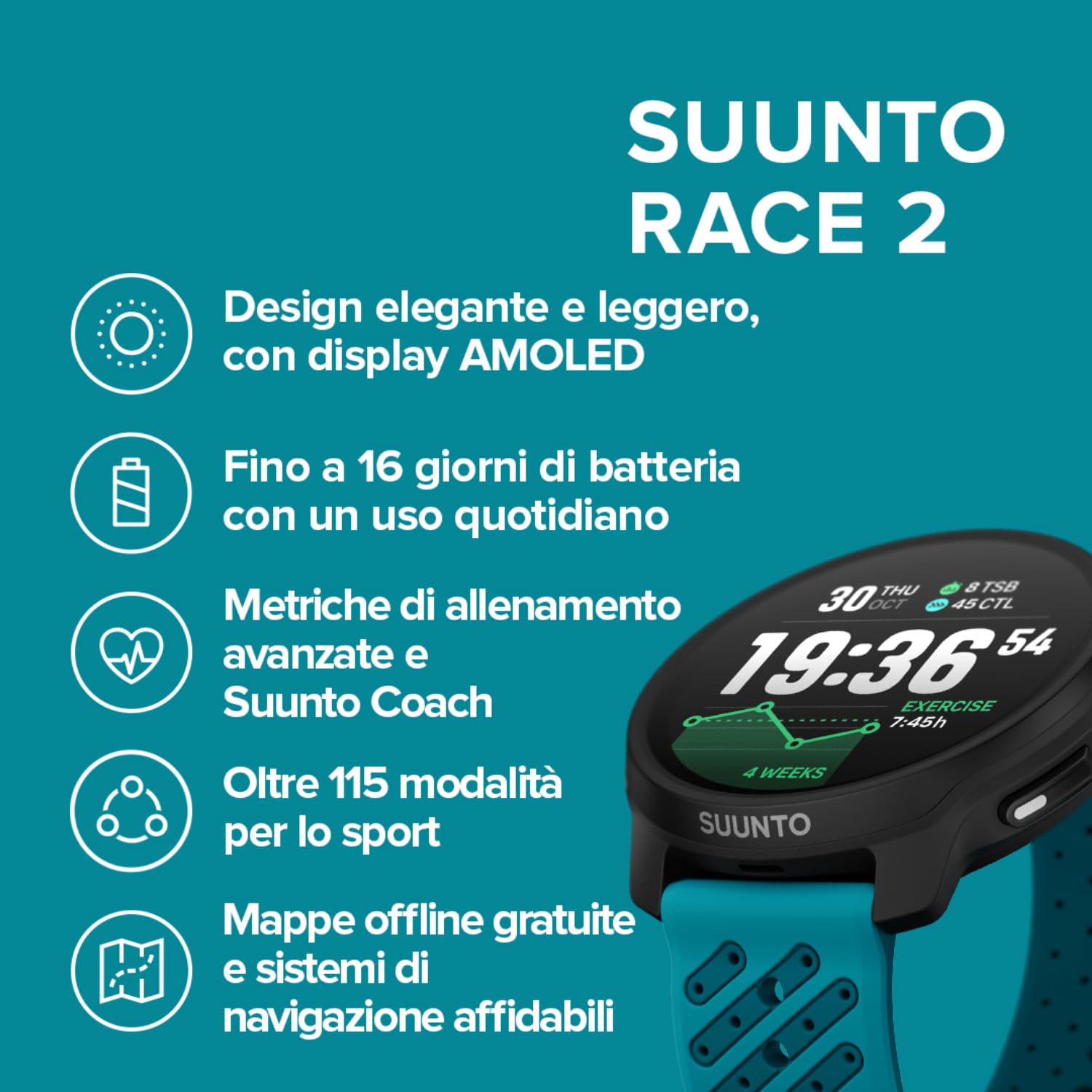 SUUNTO Race 2 Orologio Sportivo GPS, 115+ Modalità Sportive, GPS Dual-Band, Display AMOLED Ampio, Batteria fino a 16 Giorni, Mappe Offline Globali, per Corsa, Ciclismo e Allenamento Outdoor