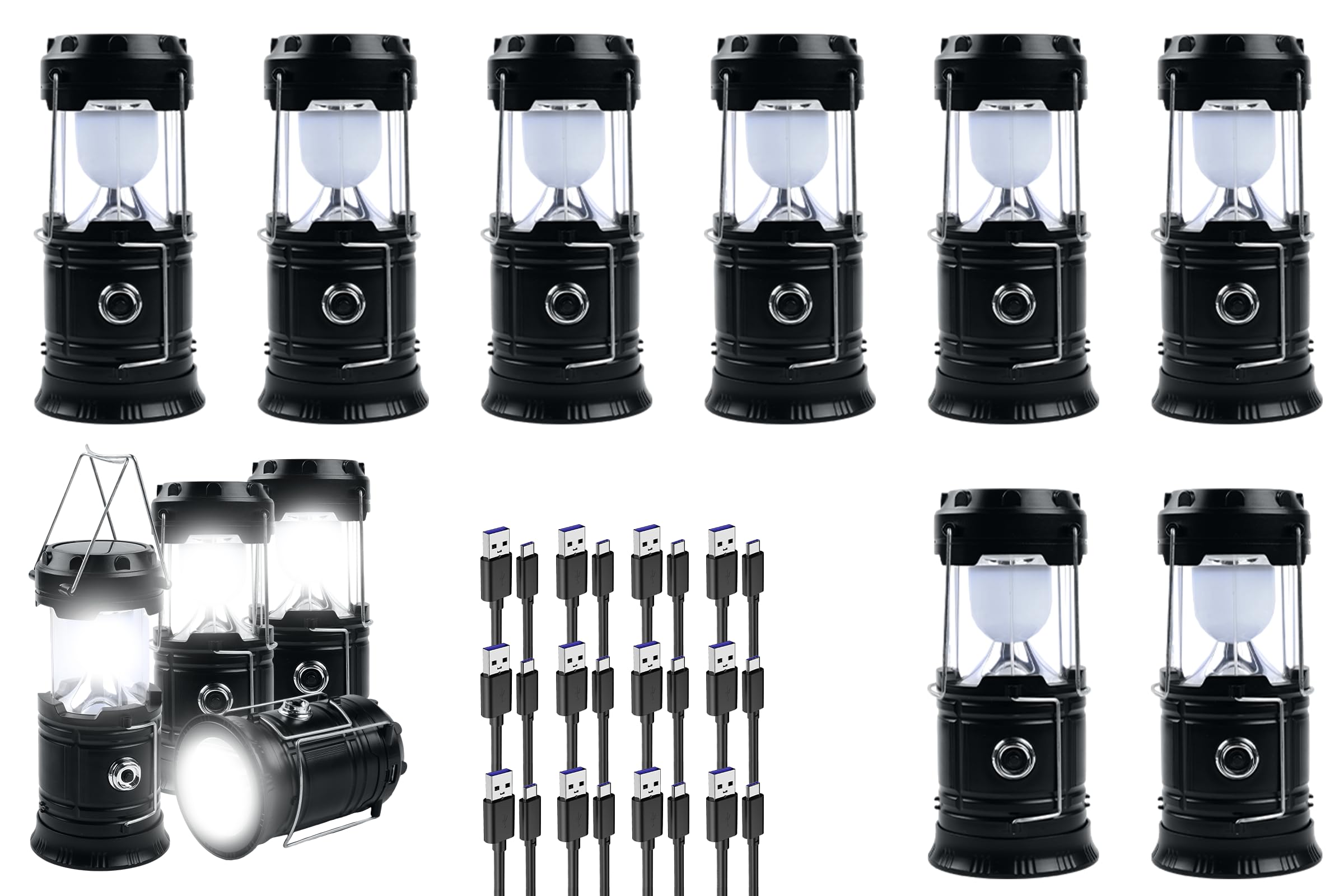 KunHe Confezione da 12 lanterne da campeggio a LED pieghevoli portatili da 1800 mAh, leggere, impermeabili, ricaricabili tramite USB, kit per torcia elettrica per interni ed esterni, luce di emergenza