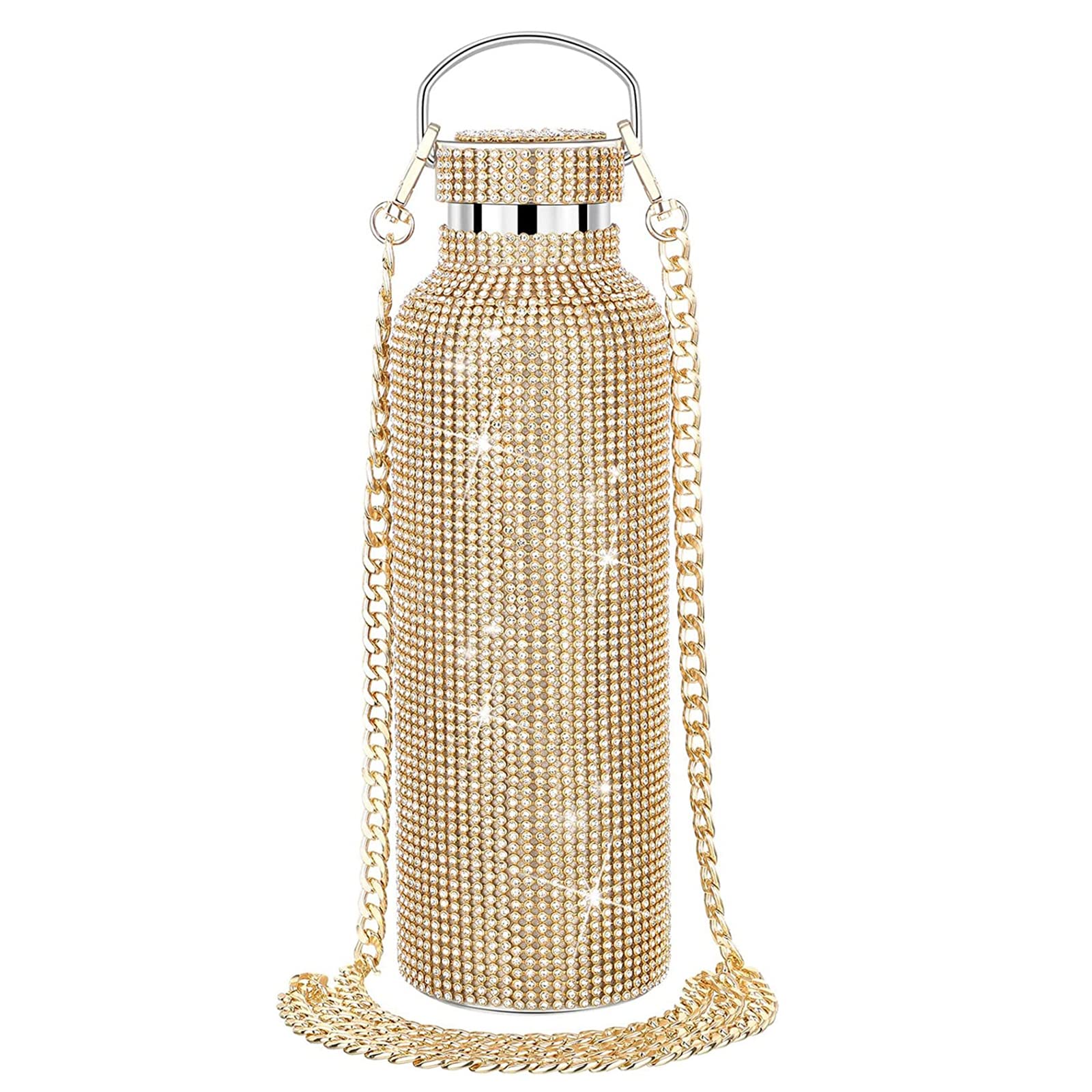 Fiorky 350ml/500ml/750ml Diamond Thermos Bottle with Chain Water Bottle Diamond Vacuum Flask Sforkling Glitter Thermos Bottles for Women Refillable High-end Insulated Bottle Stainless
