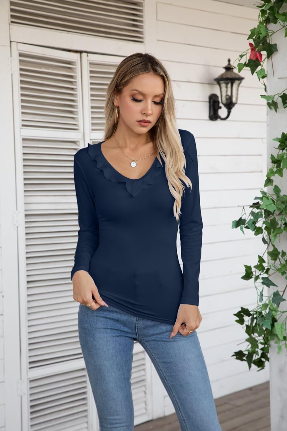 VICHYIE Womens Long Sleeve Shirts V Neck Ruffle Hem Slim Fitted Ribbed Knit Trendy Tee Tight Tops - Image 3