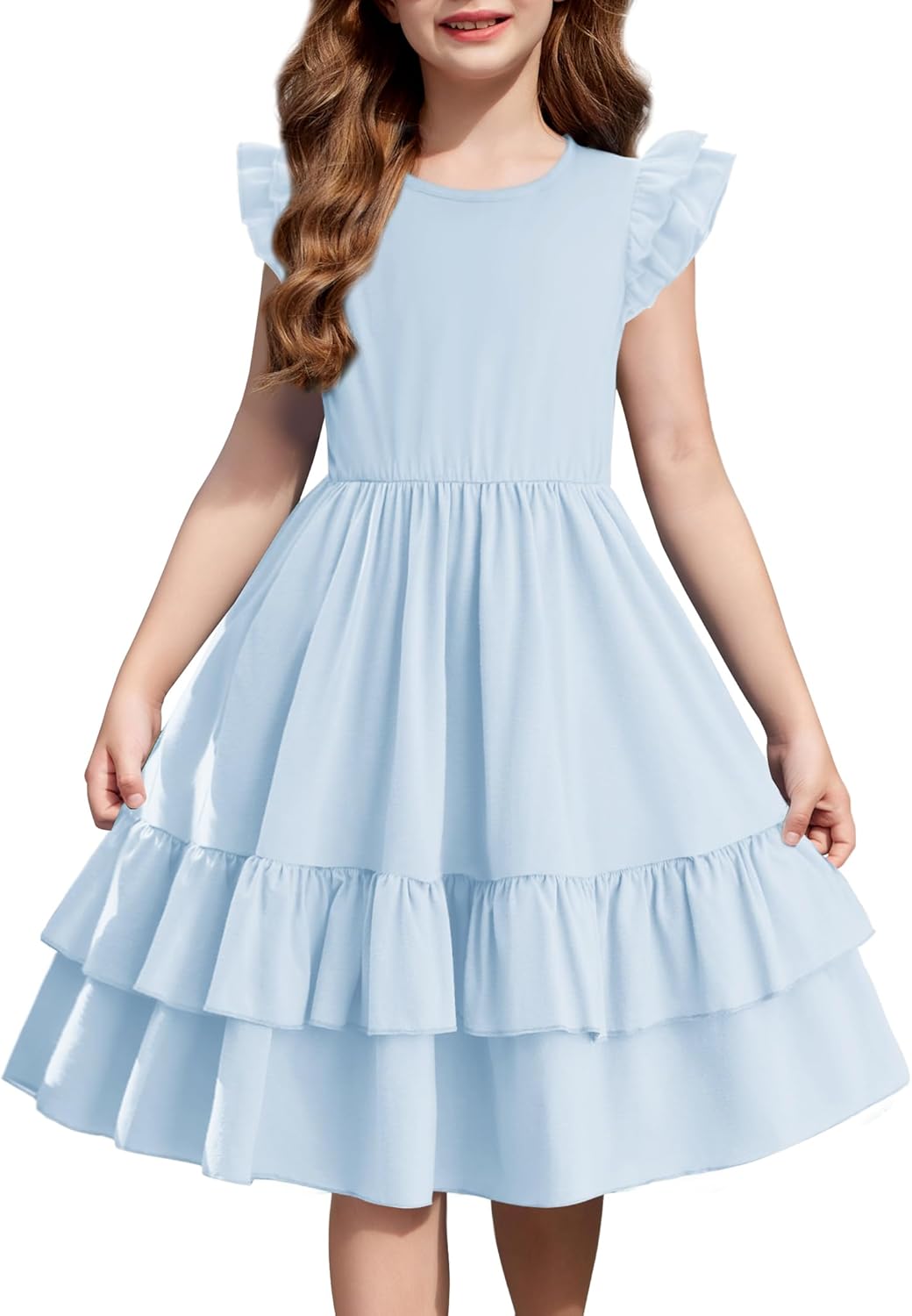 Arshiner Girls Dress Tween Boho Flutter Sleeve Tiered A Line Summer Dresses with Pockets