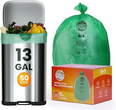 Trash Bags 13+ Gallon Tall Kitchen,Compostable Trash Lawn & Leaf Yard Waste Bags,Kitchen Compost Trash Bin Compatible,Extra Thick1.01 Mills,Certified by BPI and OK Compost50count