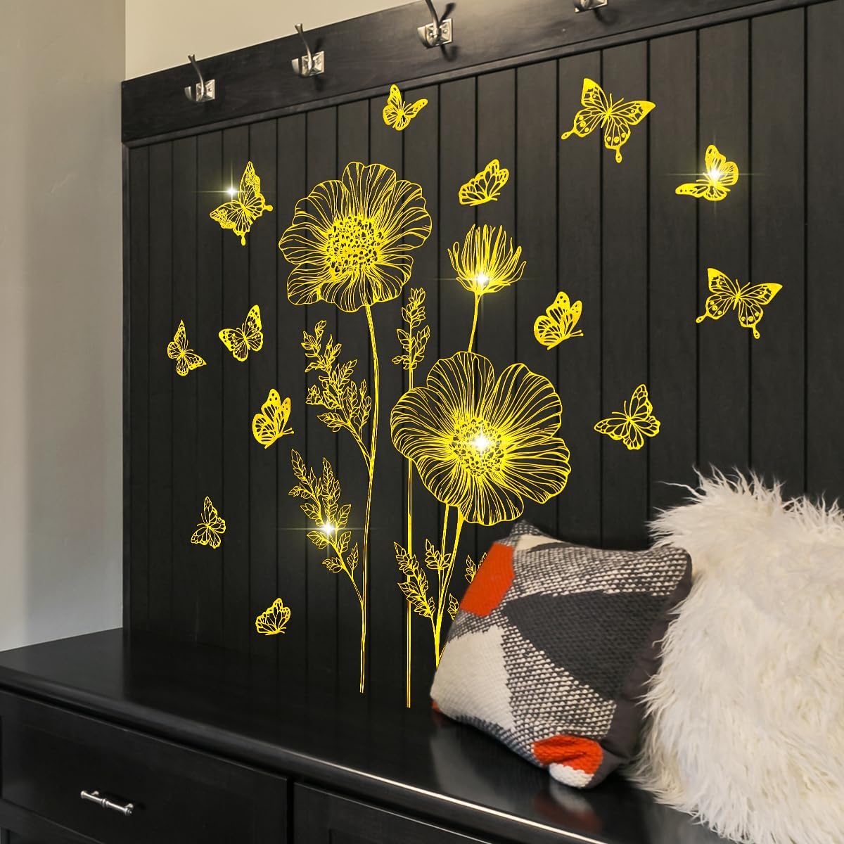 Runtoo Gold Flower Wall Decals Peel and Stick Golden Floral Butterfly Wall Stickers for Living Room Bedroom Bathroom Office Decor image 2