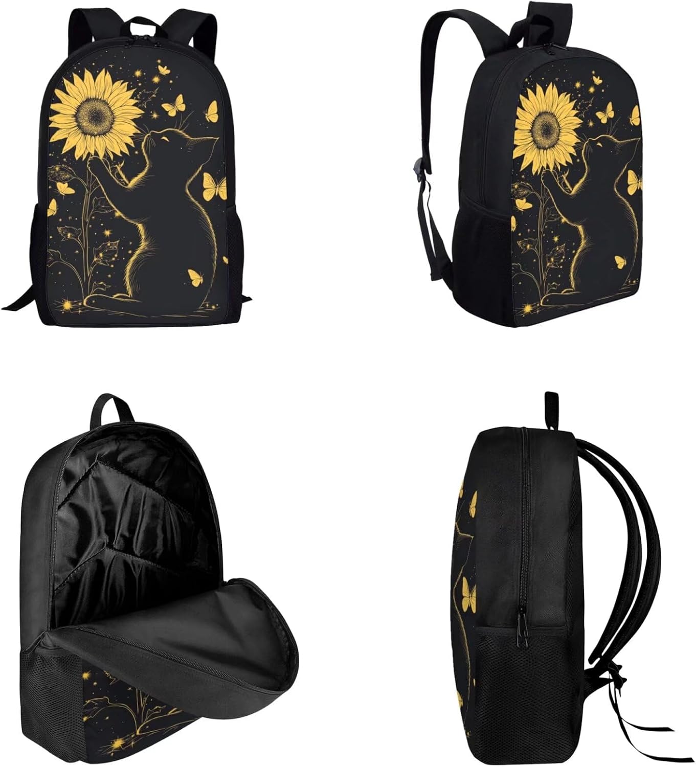 FKELYI Cute Cat Kid's Backpack for School Study Travel Sunflwer Butterfly Teens Schoolbag for Boys Ages 8-12 Lightweight Book Bag with Lunch Bag and Pencil Box 3 Pack Set