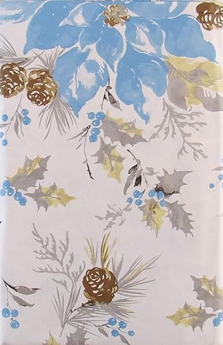 Miniatura 2 de Happy Holiday Mantel trasero de franela de vinilo con diseño de flor de pascuas azul acuarela, acebo, piñas y muérdago (52 x 90 pulgadas, oblongo)