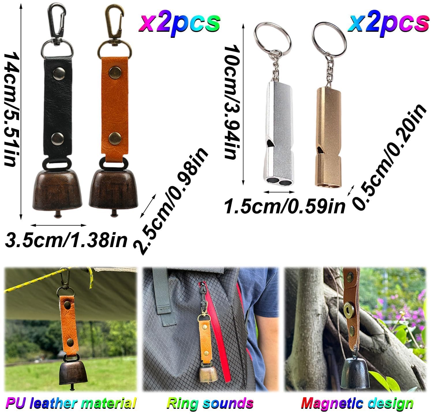 8 Piezas Campanas de Oso, Campanas de Advertencia de Oso, Campana de Oso y Silbato, Campanas Oso, Campanas para Osos ruidosas, adecuadas para Senderismo al Aire Libre (4 Campanas de Oso y 4 silbatos)
