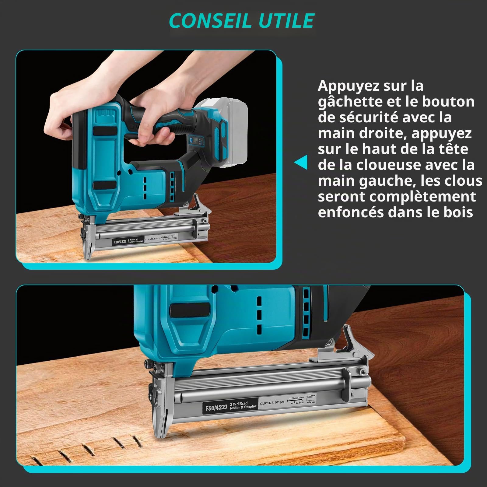 Cloueuse sans fil compatible avec batterie Makita 18 V (sans batterie), agrafeuse électrique sans balais 18 GA avec 500 clous et 500 agrafes, pistolet à clouer sans fil à 2 modes pour tapisserie