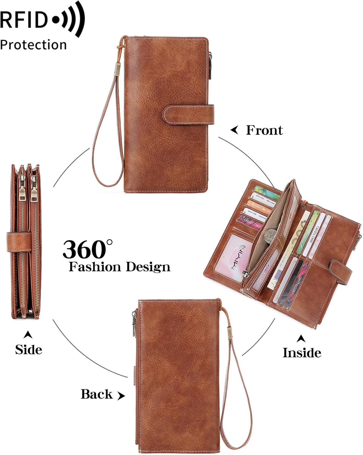 RFID Blocking PU Leather Wallet for Women - Slim Bifold with 16 Card Slots & Zipper Pocket, Compact Designer Purse with Smooth Double Zipper Design - Image 9