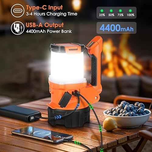 Miniatura 7 de Linterna de campamento recargable con trípode, 6 modos, linterna LED de mano con 4000 lúmenes, banco de energía de 4400 mAh, reflector impermeable