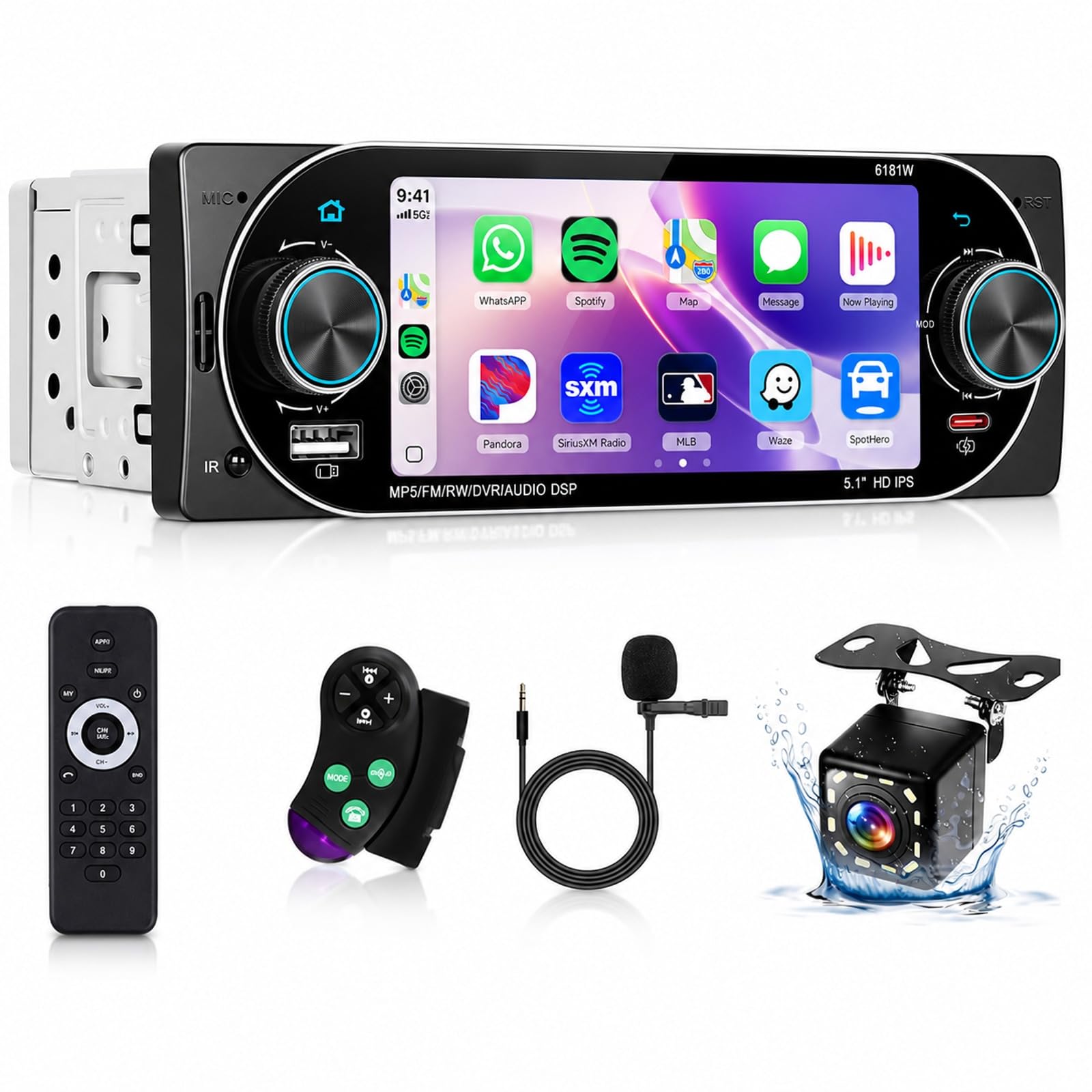 Hodozzy Bezprzewodowe radio samochodowe z systemem Android 1 Din z ekranem 5.1 cala z USB Type-C, kompatybilne z Bluetooth 5.2, radiem FM, szybkie ładowanie, lustro łącze, EQ, kamera cofania