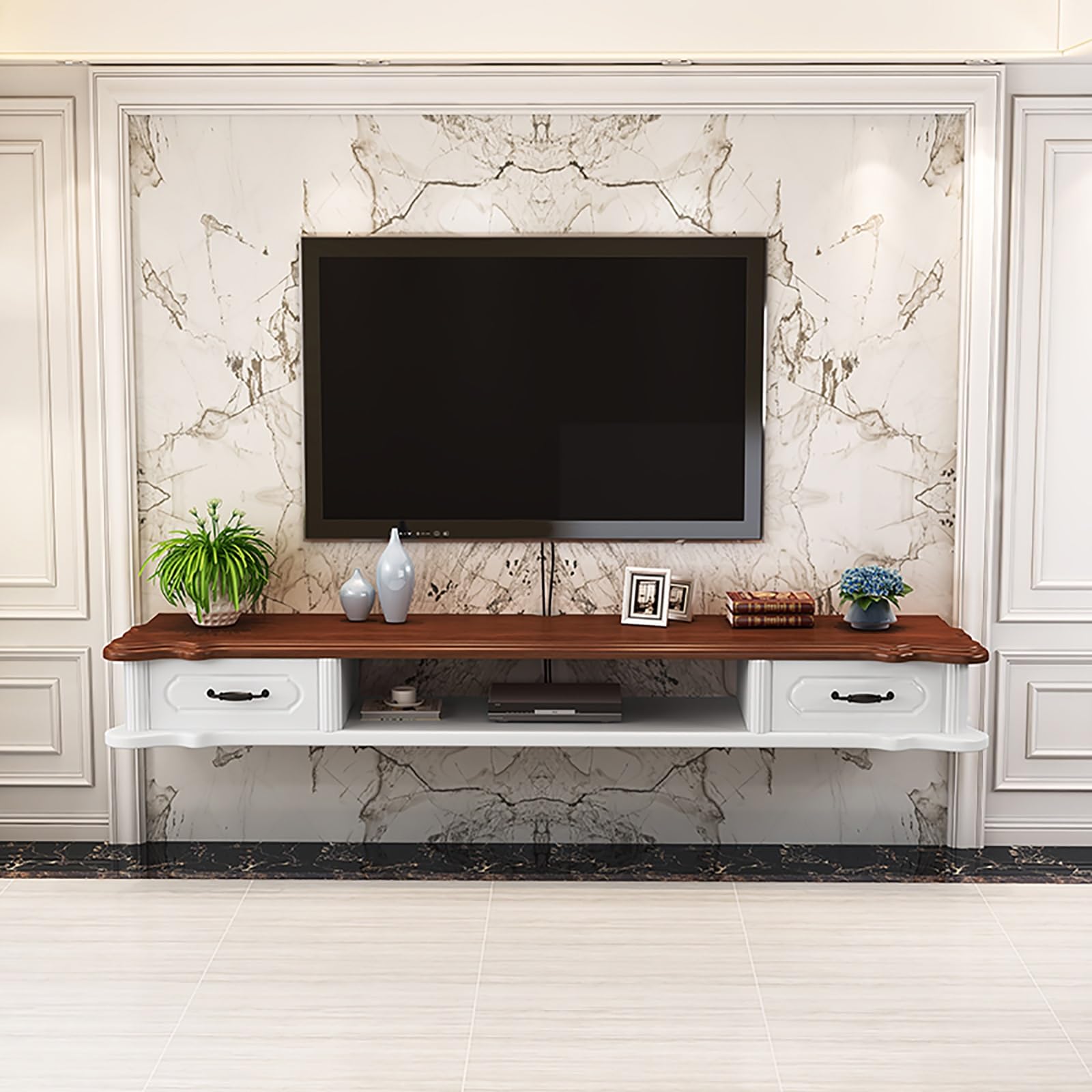 Mobile TV sospeso moderno con ante e cassetti, console di intrattenimento lucida per soggiorno e camera da letto, gestione dei cavi, montaggio a parete, 160 cm, design bianco