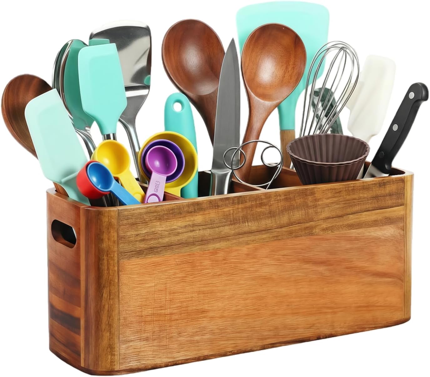 Large Wooden Utensil Holder for Kitchen Countertop - 4 Compartment Acacia Wood Organizer & Utensil Caddy for Cooking Tools, Wall Mountable