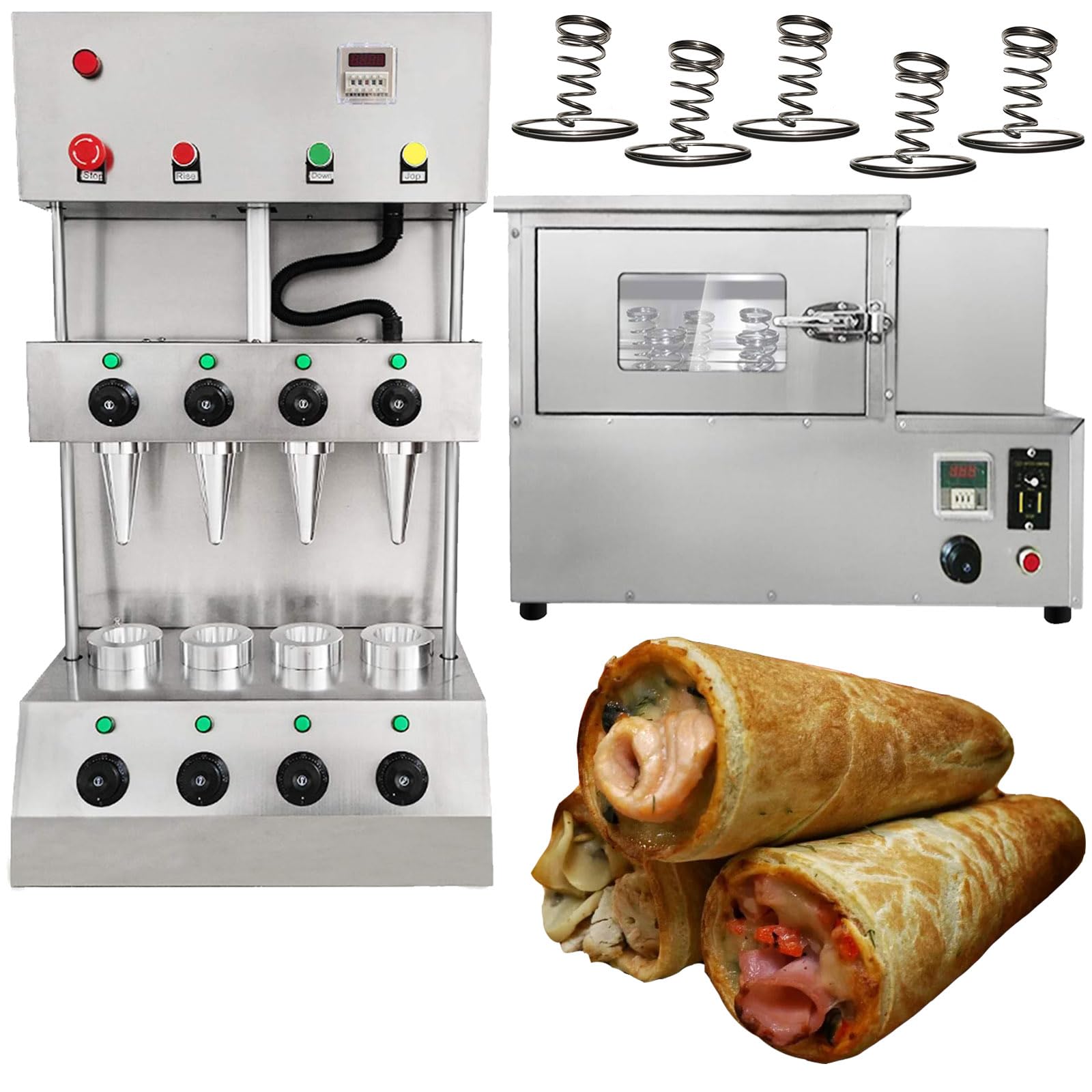 TXMACHINE® 4 cone maker Pizza cone machine with COUNTERTOP Pizza Ovens pizza display warmer,pizza cone making machine speed controller (110V/60HZ, pizza machine+pizza oven)