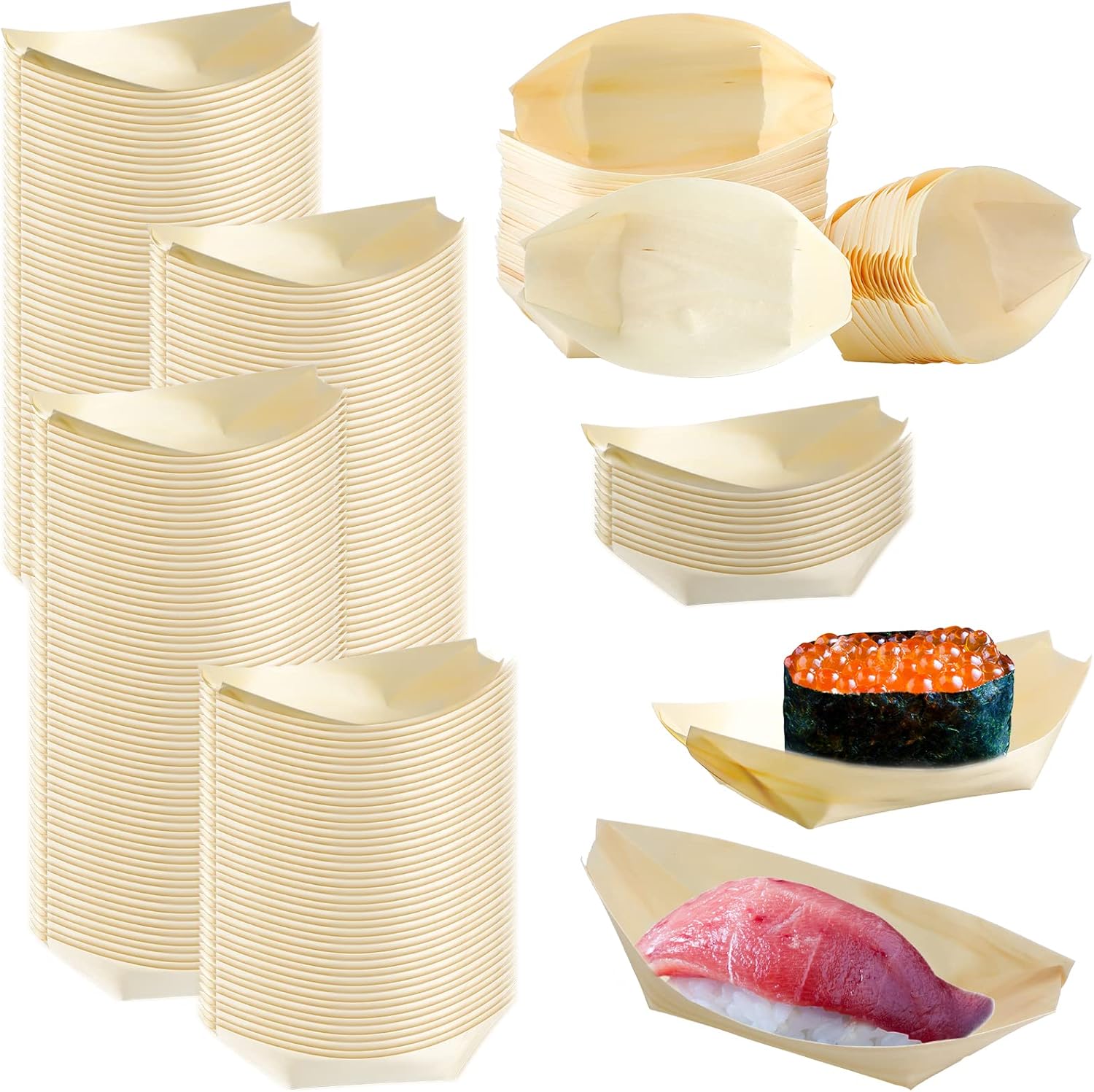 Hoolerry 600 Pcs Bamboo Plates Disposable Bamboo Wooden Plates Sushi Boat Bowls and Cutlery Bamboo Leaf Boat Serving Tray for Party Catering Home Use, 5.3 x 3 Inch
