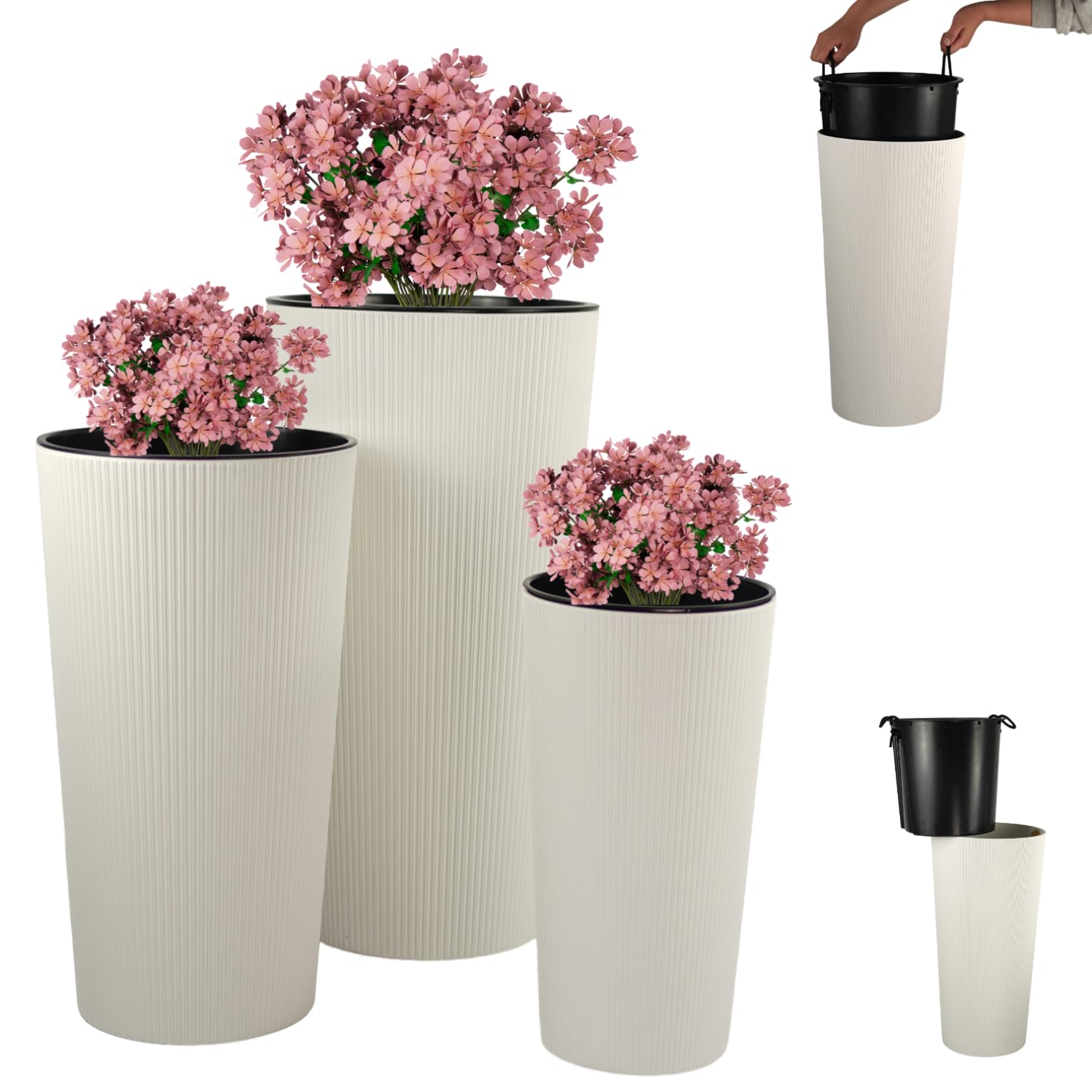 Blumentopf Set 3 Größen 37/47/57 cm Beige | Mit Pflanzeinsatz, Recyclingkunststoff, mattes Finish, für Innen und Außen, modernes Design