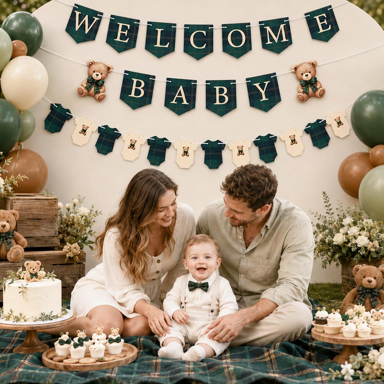 3 Pcs Green Blue Plaid Bear Baby Shower Banner Set