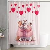 Ruian Store Shower Curtains for Bathroom-72x72in,Valentine's Day Romantic Bulldog Couple Waterproof Bath Curtain Grommet Shower Curtain Set with Hooks,Love Heart on Pink Washable Bath Accessories