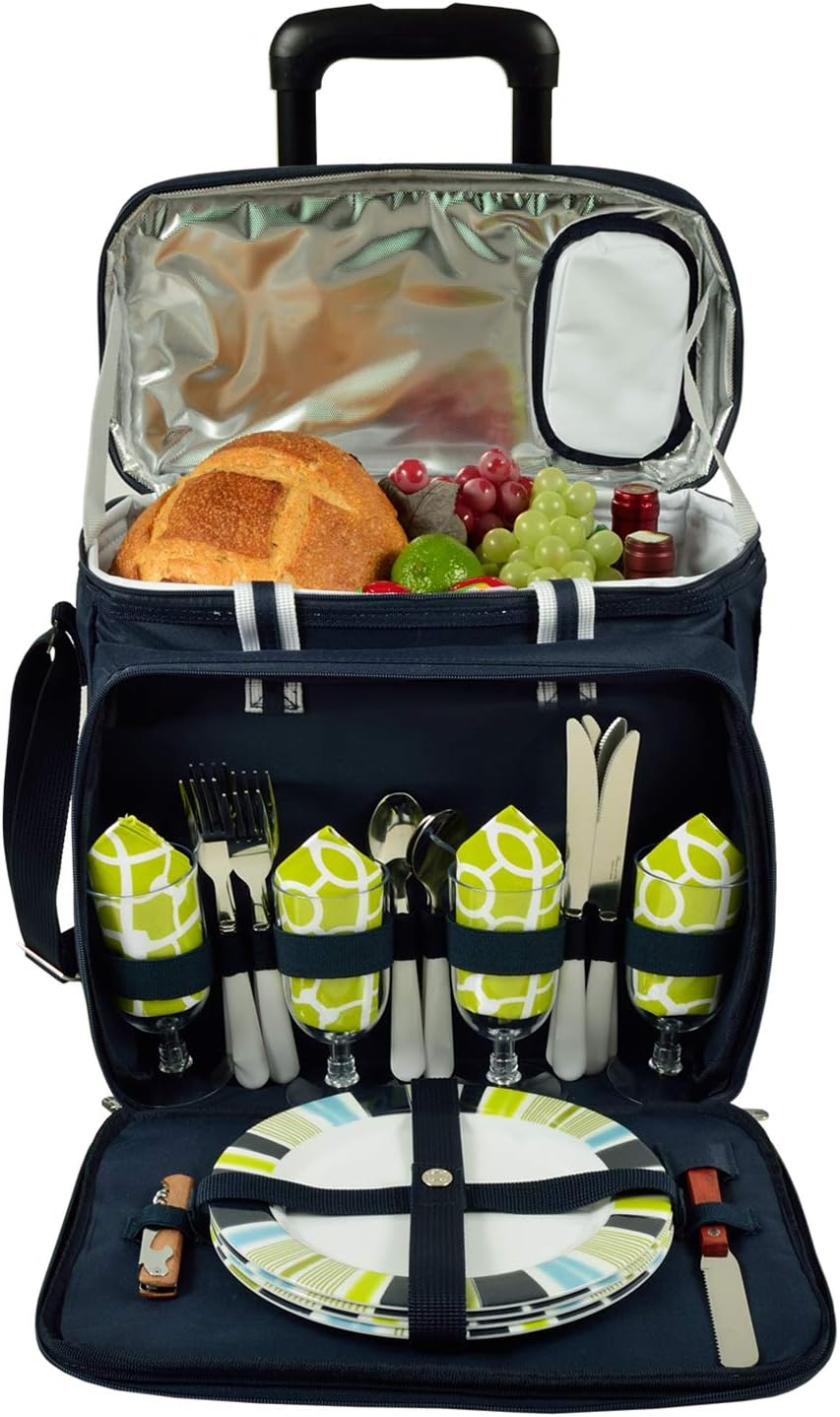Picnic at Ascot Original Insulated Picnic Cooler with Service for 4 on Wheels-Designed & Assembled in The USA