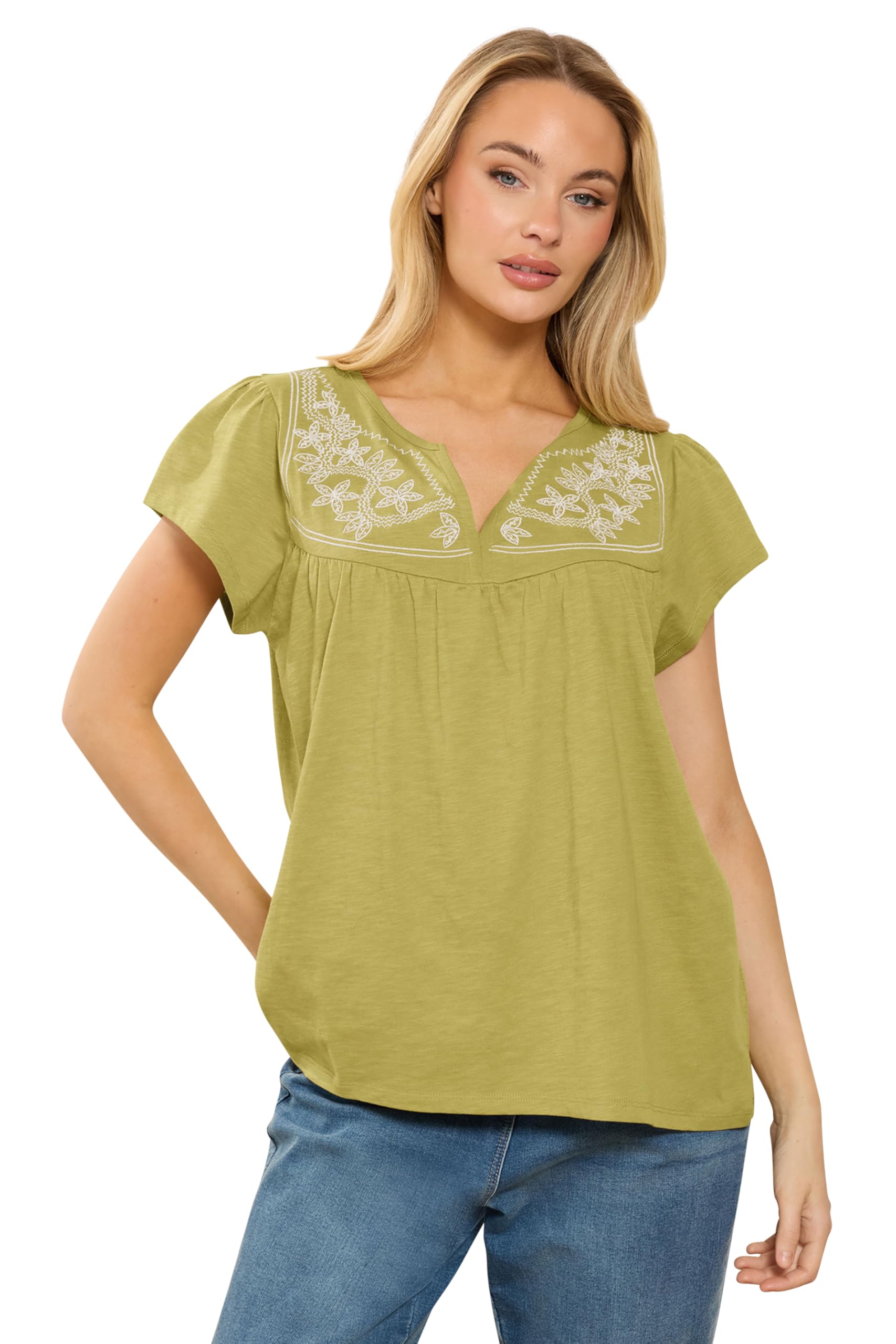 M&Co Women's Embroidered Cotton Notch Neck Top in Lime | Size: 18