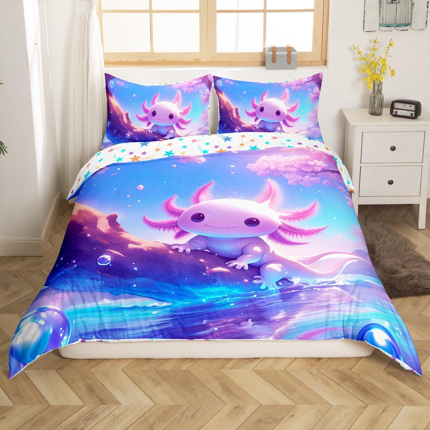 Homemissing Kids Cute Axolotl Bedding Set Single Size Cartoon Salamander Comforter Cover Set for Boys Girls Kawaii Ocean Sealife Duvet Cover Bedspread Cover Room Decor Quilt Cover,No Stuffing - Image 4