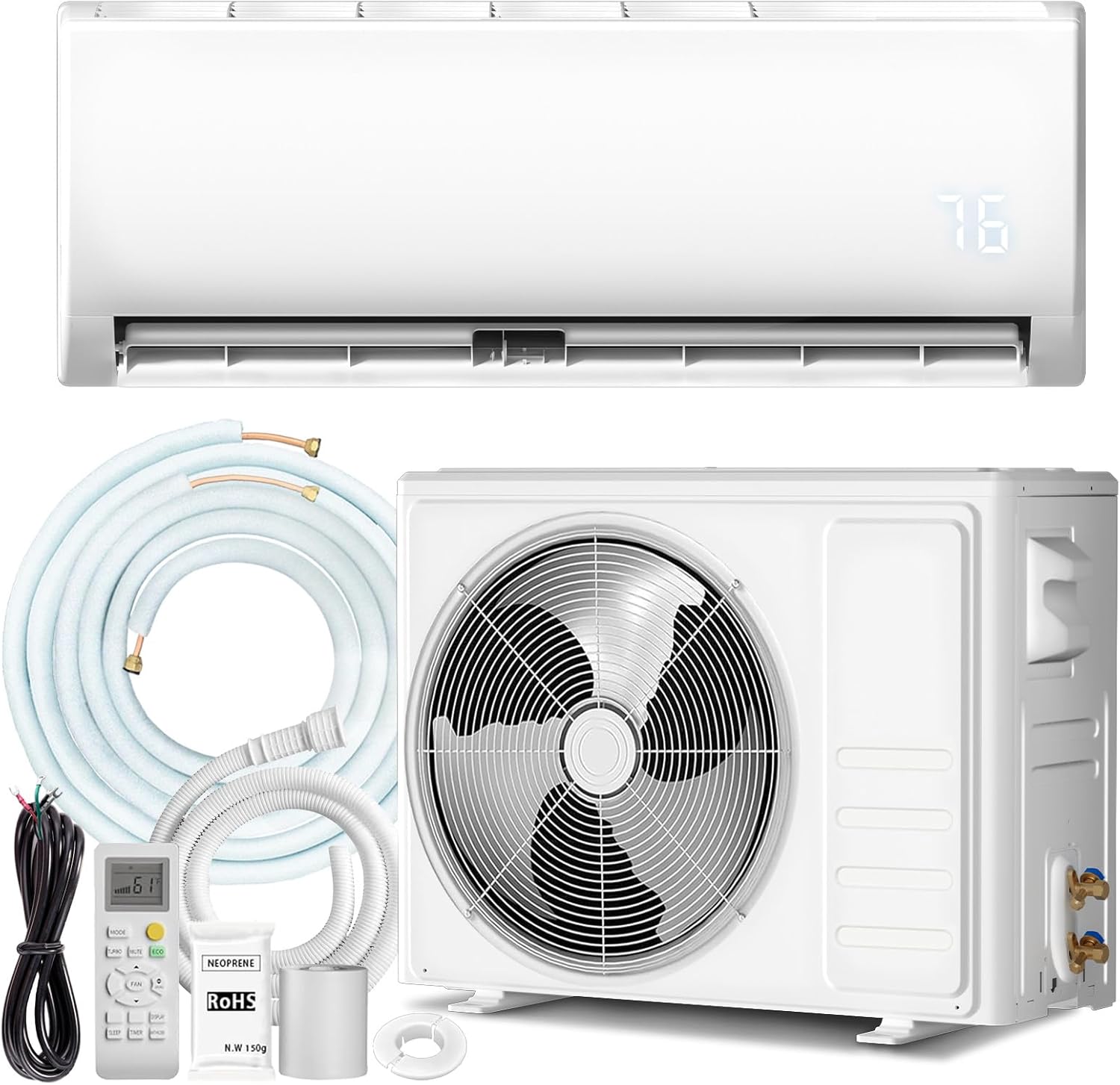 9000 BTU Mini Split AC/Heating System with Inverter, 19 SEER2 115V Energy Efficient Ductless Wall-Mounted Air Conditione