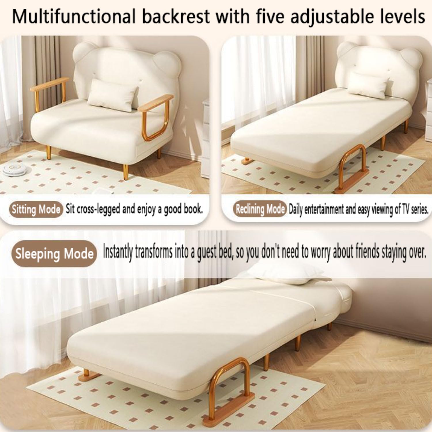 Składana rozkładana sofa 4 w 1, bez kości, kanapa z poduszką, składana, z podparciem oparcia, modułowa, futon, do salonu, sypialni, salonu (szara)