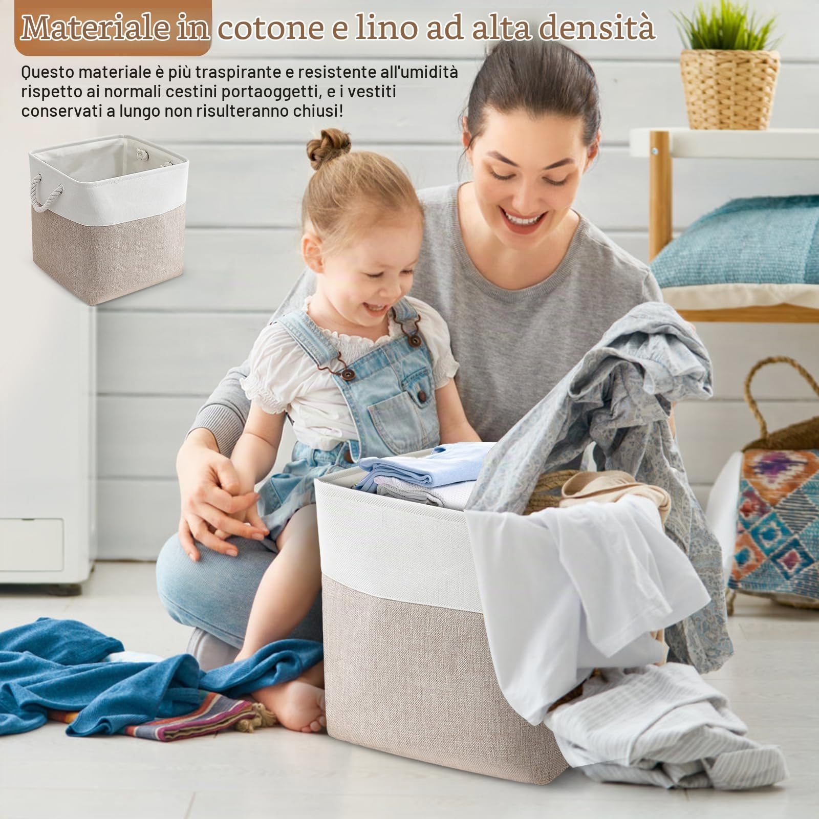 Scatole per Armadio Tessuto, Set di 4 Scatole Portaoggetti Pieghevole con Maniglia, 33x33x33cm, Cestini Portaoggetti, per Scaffali, Armadi, Giocattoli, Vestiti, Libri (Bianco+Kaki)
