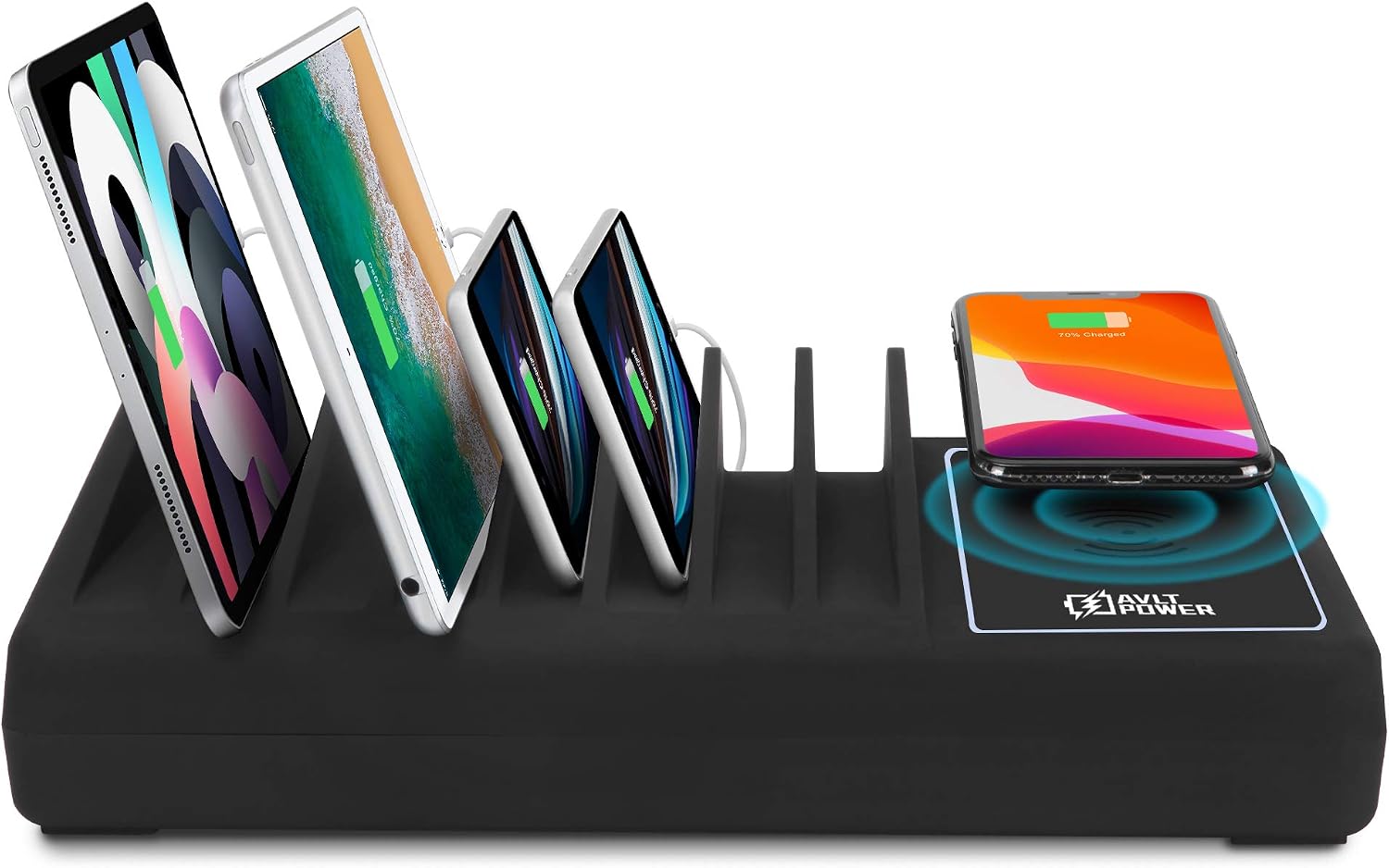 Exclusive AVLT 10 Port 90W USB Type-A USB-C Fast Charging Station Organizer with 10W Qi Wireless Charging Dock - Compatible with Apple iPhone, iPad, Smartphone, Tablet and Others