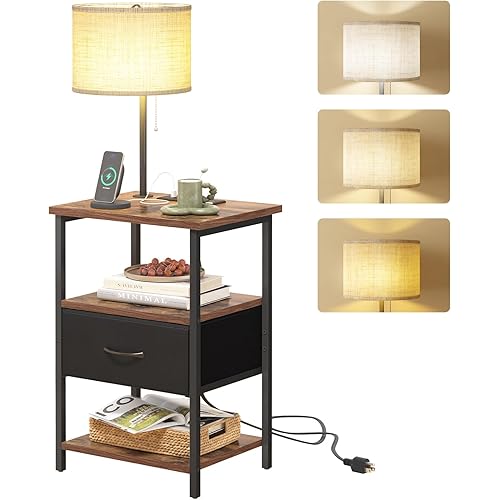 Fixwal Nightstand with LED Lights Bedside Table with 3 Color Temperatures Bulb, Tall NightStand with Charging Station End Table with Adjustable Fabric Drawer for Bedroom Dorm