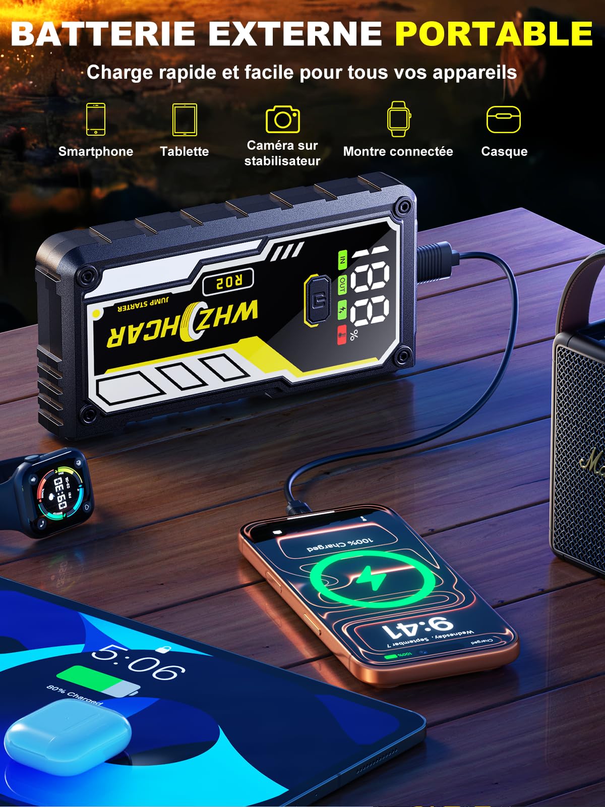 Booster Batterie Voiture 8000A Démarreur Batterie Portable（Jusqu'à Tous GAS/10L Diesel） Jump Starter 12V avec Pinces de Sûreté Intelligentes,LED，Grand Ecran d'affiche