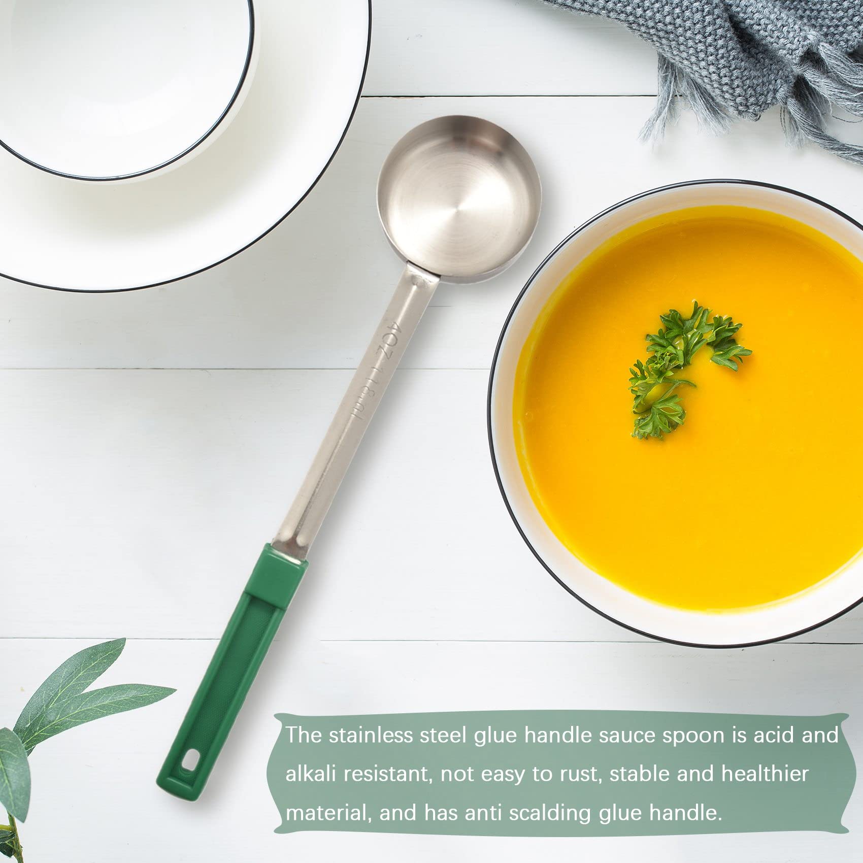 Cuillère à Sauce Pizza — Long Manche — Acier Inox + Plastique — Pour Cuisine, Restaurant — Vert