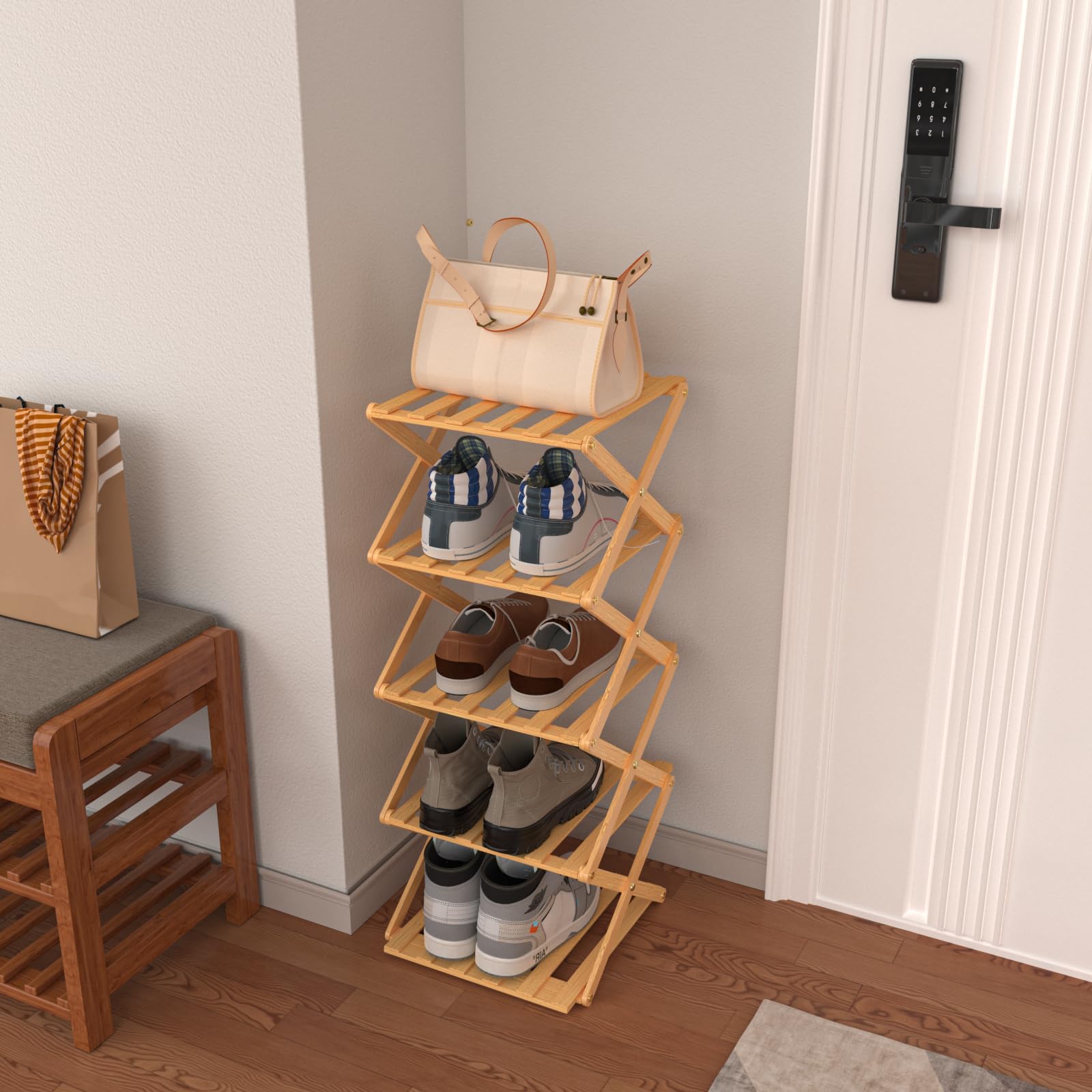 Scarpiera in bambù, mensola in bambù, leggera e ad alta capacità, per corridoi, camere da letto, soggiorno, angolo e piccoli spazi, 25 x 25 x 65 cm (4) (colore legno)
