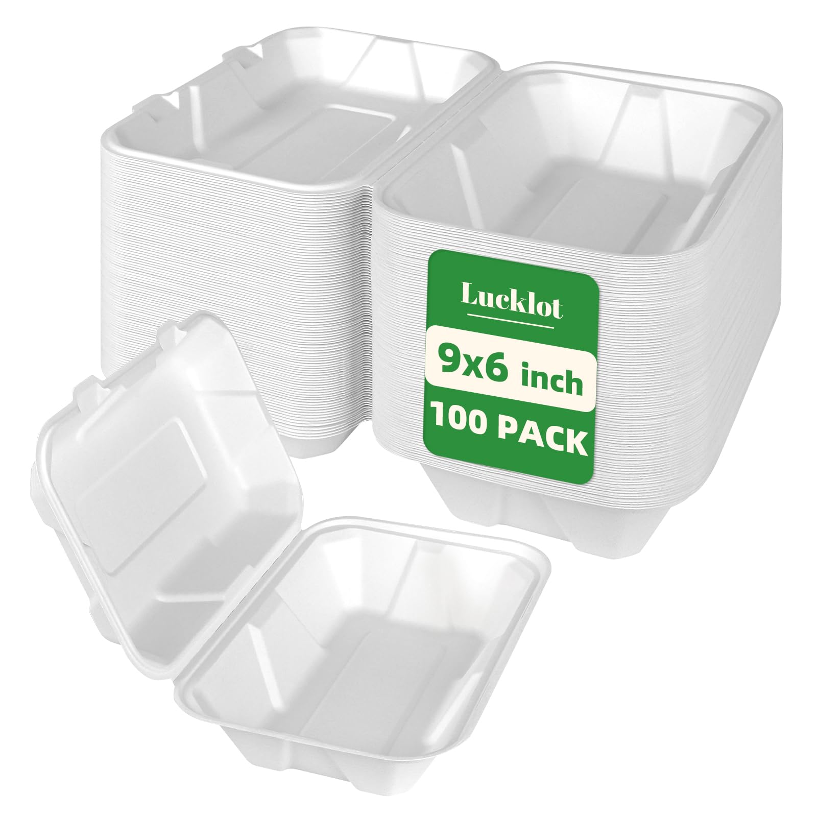 Lucklot 100 Pack 9×6 Inch White Compostable Bagasse Takeout Food Containers