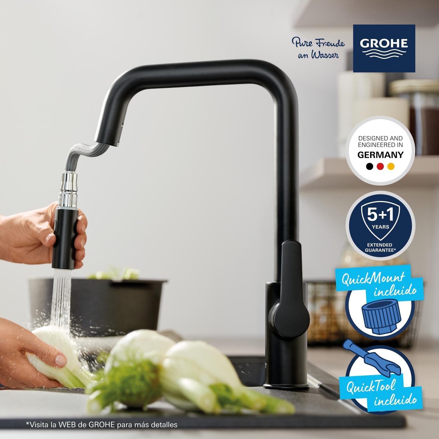 GROHE Start, Grifo cocina 2 chorros (ducha extraíble, 360°, ahorro agua caudal variable, montaje sin herramientas), negro, 306312430