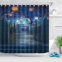 Vista 20 de LB Cortina de ducha de Halloween, cementerio de terror, fantasma, gatos negros en árbol, calabaza, cortinas de ducha para baño con ganchos, 60 x 72