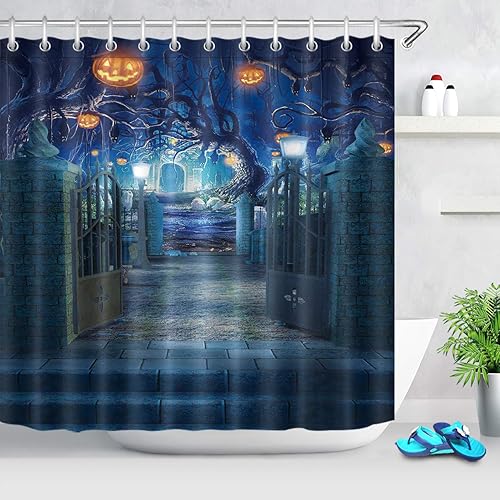 LB Cortina de ducha de calabaza de Halloween de terror, cementerio, fantasma, gatos negros en árbol, juegos de baño espeluznantes, decoraciones con