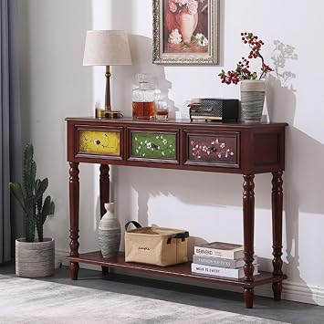 2-Tier Narrow Entry Table, Solid Wood Console Table for Hallway, Entrance Table with Drawers, Small Contemporary Accents, Sofa with Storage Brown with Print,116cm/45.6"