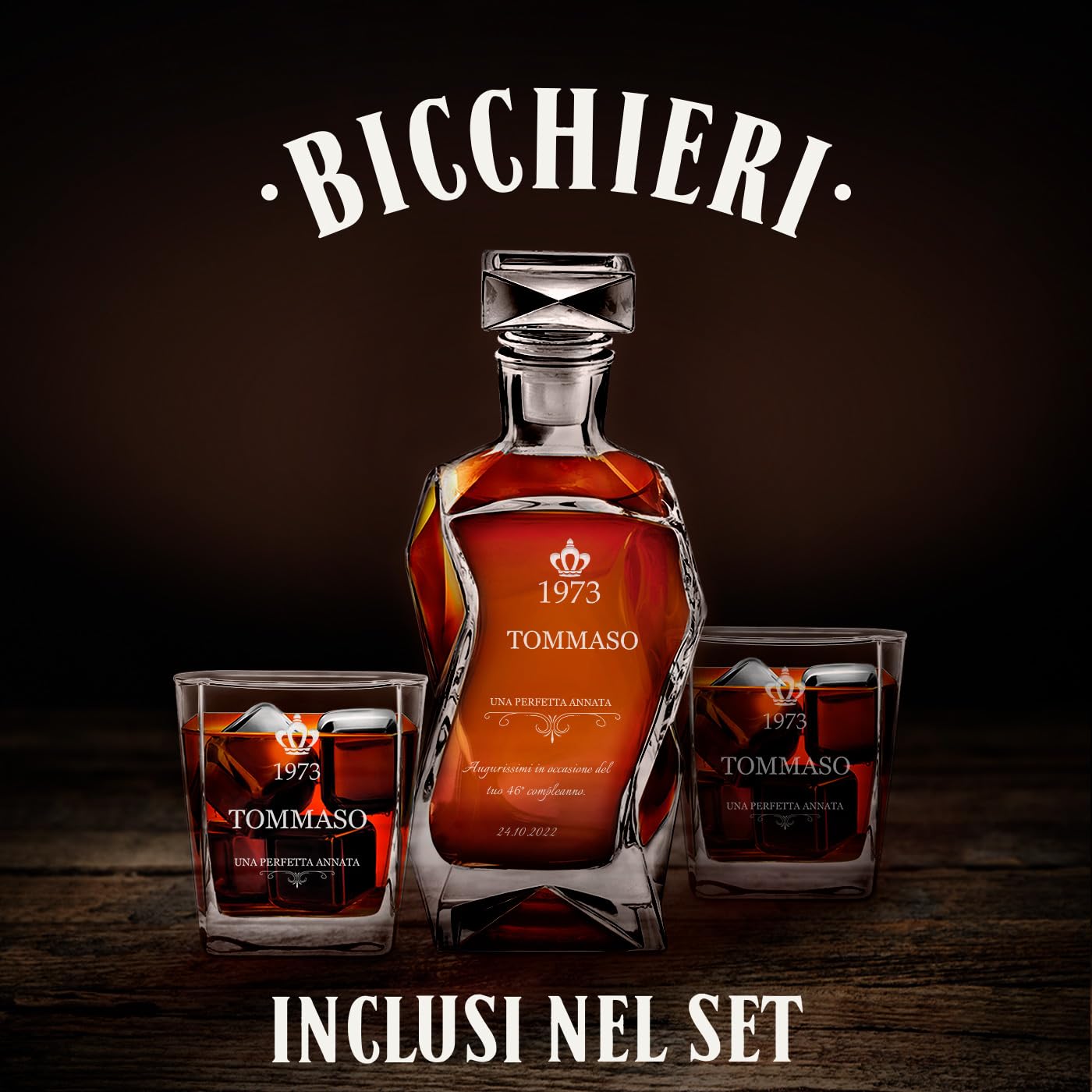 Maverton Set Decanter per Whisky in vetro - da 700 ml - incisione personalizzata - Caraffa con 2/4/ 6 bicchieri - idea regalo per il compleanno - per l’ uomo - regalo di Natale - Un’ottima annata